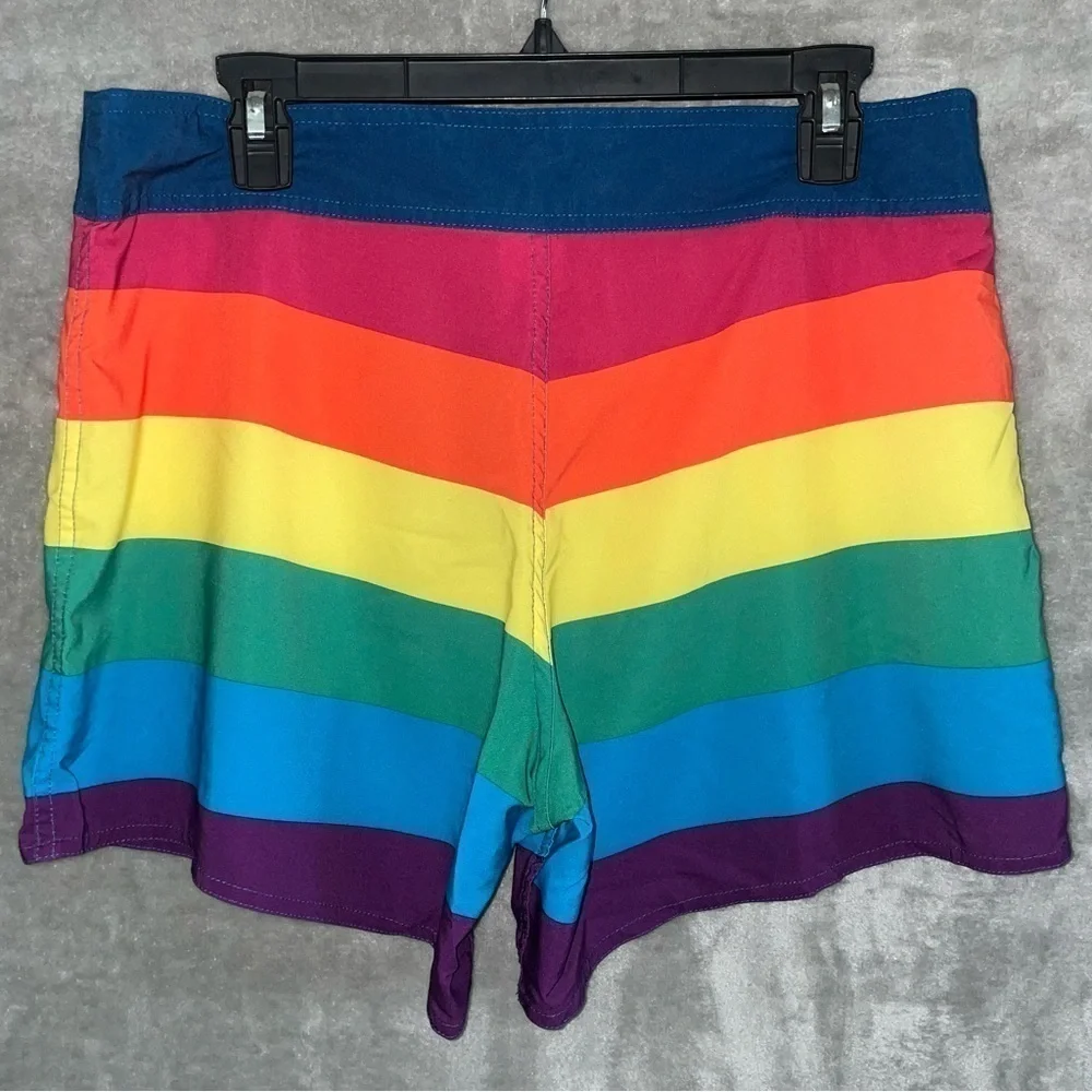 Rainbow Striped Pride Swim Surf Trunk Shorts Size Large Multi Color Beach